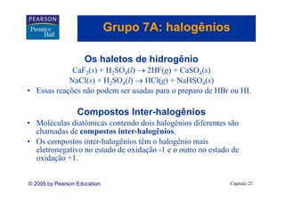 Grupo 7A: halogênios
                                 p          g

                     Os haletos de hidrogênio
             CaF2(s) + H2SO4(l) → 2HF(g) + CaSO4(s)
            N Cl( ) + H2SO4(l) → HCl( ) + N HSO4( )
            NaCl(s)               HCl(g) NaHSO (s)
• Essas reações não podem ser usadas para o preparo de HBr ou HI.

                  Compostos Inter-halogênios
• Moléculas diatômicas contendo dois halogênios diferentes são
  chamadas de compostos inter-halogênios.
• Os compostos inter-halogênios têm o halogênio mais
  eletronegativo no estado de oxidação -1 e o outro no estado de
  oxidação +1.


© 2005 by Pearson Education                                  Capítulo 22
 