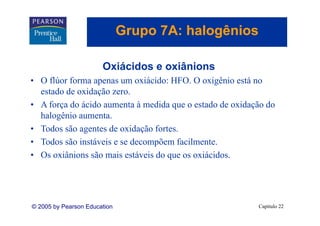 Grupo 7A: halogênios
                                 p          g

                       Oxiácidos e oxiânions
• O flúor forma apenas um oxiácido: HFO. O oxigênio está no
  estado de oxidação zero.
• A força do ácido aumenta à medida que o estado de oxidação do
  halogênio
  h l ê i aumenta.
• Todos são agentes de oxidação fortes.
• Todos são i á i e se decompõem facilmente.
     d       instáveis    d           f il
• Os oxiânions são mais estáveis do que os oxiácidos.




© 2005 by Pearson Education                               Capítulo 22
 