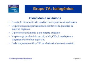 Grupo 7A: halogênios
                                 p          g

                       Oxiácidos
                       O iá id e oxiânions
                                   iâ i
• Os sais de hipoclorito são usados em alvejantes e desinfetantes.
• Os percloratos são particularmente instáveis na presença de
  material orgânico.
• O perclorato de amônio é um potente oxidante.
         l t d       ô i           t t    id t
• Na presença de alumínio em pó, o NH4ClO3 é usado para o
  lançamento de ônibus espaciais.
                         espaciais
• Cada lançamento utiliza 700 toneladas de clorato de amônio.




© 2005 by Pearson Education                                   Capítulo 22
 