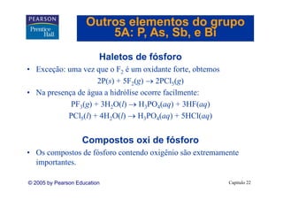 Outros elementos do grupo
                         5A: P As Sb e Bi
                             P, As, Sb,
                          Haletos d fó f
                          H l t de fósforo
• Exceção: uma vez que o F2 é um oxidante forte, obtemos
                    2P(s) + 5F2(g) → 2PCl5(g)
• Na presença de água a hidrólise ocorre facilmente:
            PF3(g) + 3H2O(l) → H3PO4(aq) + 3HF(aq)
           PCl5(l) + 4H2O(l) → H3PO4(aq) + 5HCl(aq)


                    Compostos oxi de fósforo
• Os compostos de fósforo contendo oxigênio são extremamente
  importantes.

© 2005 by Pearson Education                                Capítulo 22
 