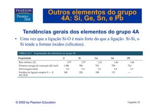 Outros elementos do grupo
                         4A: Si Ge Sn, e Pb
                             Si, Ge, Sn
    Tendências
    T dê i gerais dos elementos do grupo 4A
               i d     l    t d
• Uma vez que a ligação Si-O é mais forte do que a ligação Si-Si, o
  Si tende a formar óxidos (silicatos).
     t d f          ó id ( ili t )




© 2005 by Pearson Education                                 Capítulo 22
 