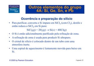 Outros elementos do grupo
                         4A: Si Ge Sn, e Pb
                             Si, Ge, Sn
             Ocorrência e preparação d silício
             O    ê i             ã do ilí i
• Para purificar, converta o Si impuro em SiCl4 (com Cl2), destile e
  então reduza o SiCl4 em Si puro:
    tã    d
                 SiCl4(g) + 2H2(g) → Si(s) + 4HCl(g)
• O Si é então adicionalmente purificado pela refinação de zona.
            tã di i l         t     ifi d     l fi ã d
• A refinação de zona é usada para produzir Si ultrapuro.
• O cristal de silício é colocado dentro de um tubo com uma
       i l d ilí i          l d d        d       b
  atmosfera inerte.
• U espiral de aquecimento é lentamente movida para baixo em
  Uma      i ld           i    t l t        t     id      b i
  Si.


© 2005 by Pearson Education                                   Capítulo 22
 