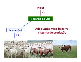 Input	
  
                                    -$

                       Rebanho	
  de	
  Cria	
  



bezerros	
  (as)	
  
                            Adequação	
  vaca-­‐bezerro-­‐
                              sistema	
  de	
  produção	
  
          +$
 