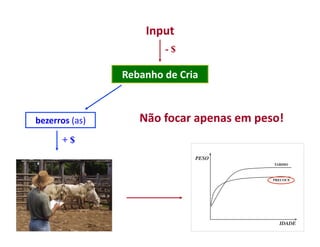 Input	
  
                                    -$

                       Rebanho	
  de	
  Cria	
  



bezerros	
  (as)	
          Não	
  focar	
  apenas	
  em	
  peso!	
  
          +$
 