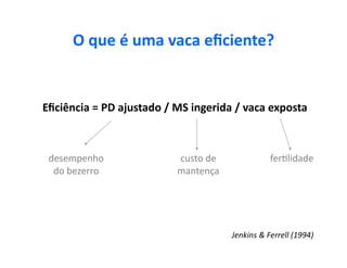 O	
  que	
  é	
  uma	
  vaca	
  eﬁciente?	
  


Eﬁciência	
  =	
  PD	
  ajustado	
  /	
  MS	
  ingerida	
  /	
  vaca	
  exposta	
  



 desempenho	
                            custo	
  de	
                     ferUlidade	
  
  do	
  bezerro	
                        mantença	
  




                                                           Jenkins	
  &	
  Ferrell	
  (1994)	
  
 