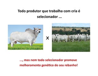 Todo	
  produtor	
  que	
  trabalha	
  com	
  cria	
  é	
  
              selecionador	
  ... 	
  




                           X




 ...,	
  mas	
  nem	
  todo	
  selecionador	
  promove	
  
 melhoramento	
  gené5co	
  do	
  seu	
  rebanho!     	
  
 