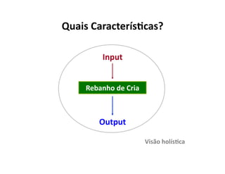 Quais	
  Caracterís5cas?	
  

             Input	
  


      Rebanho	
  de	
  Cria	
  



            Output	
  

                                  Visão	
  holís5ca	
  
 