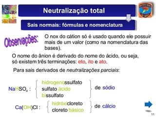 Observações: O nox do cátion só é usado quando ele possuir mais de um valor (como na nomenclatura das bases). O nome do ânion é derivado do nome do ácido, ou seja, só existem três terminações:  eto ,  ito  e  ato . Para sais derivados de  neutralizações parciais : Na H SO 4  : hidrogeno s sulfato de sódio sulfato   ácido bi s sulfato Ca ( OH ) Cl  : hidróxi cloreto cloreto   básico de cálcio Neutralização total Sais normais: fórmulas e nomenclatura 