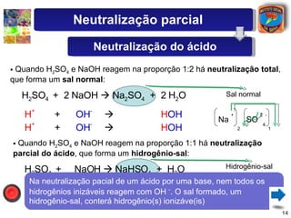 Quando H 2 SO 4  e NaOH reagem na proporção 1:2 há  neutralização total , que forma um  sal normal : H 2 SO 4  +  2 NaOH    Na 2 SO 4   +  2 H 2 O Sal normal Na  +   2 SO  2 4 -  1 H +  +  OH -      H OH   Quando H 2 SO 4  e NaOH reagem na proporção 1:1 há  neutralização parcial do ácido , que forma um  hidrogênio-sal : H 2 SO 4  +  NaOH    NaHSO 4   +  H 2 O Hidrogênio-sal Na  +   1 HSO  2 4 -  1 H +  +  OH -      H OH   H +  +  OH -      H OH   H +     não é neutralizado Na neutralização pacial de um ácido por uma base, nem todos os hidrogênios inizáveis reagem com OH  - . O sal formado, um hidrogênio-sal, conterá hidrogênio(s) ionizáve(is) Neutralização parcial Neutralização do ácido 