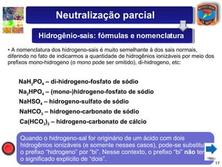 A nomenclatura dos hidrogeno-sais é muito semelhante à dos sais normais, diferindo no fato de indicarmos a quantidade de hidrogênios ionizáveis por meio dos prefixos mono-hidrogeno (o  mono  pode ser omitido), di-hidrogeno, etc: NaH 2 PO 4  – di-hidrogeno-fosfato de sódio Na 2 HPO 4  – (mono-)hidrogeno-fosfato de sódio Quando o hidrogeno-sal for originário de um ácido com dois hidrogênios ionizáveis (e somente nesses casos), pode-se substituir o prefixo “hidrogeno” por “bi”. Nesse contexto, o prefixo “bi”  não  tem o significado explícito de “dois”. NaHSO 4  – hidrogeno-sulfato de sódio NaHCO 3  – hidrogeno-carbonato de sódio Ca(HCO 3 ) 2  – hidrogeno-carbonato de cálcio Neutralização parcial Hidrogênio-sais: fórmulas e nomenclatura 