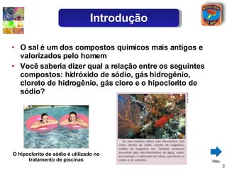 O sal é um dos compostos químicos mais antigos e valorizados pelo homem Você saberia dizer qual a relação entre os seguintes compostos: hidróxido de sódio, gás hidrogênio, cloreto de hidrogênio, gás cloro e o hipoclorito de sódio? O hipoclorito de sódio é utilizado no tratamento de piscinas Introdução 
