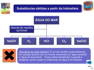 Soda cáustica : é um sólido iônico branco, muito higrocópico. É uma base muito forte, possui efeito altamente corrosivo sobre a pele. Apresenta grande tendência a reagir com gorduras, é usada na fabricação de limpadores  de forno e  na fabricação de sabão e papel. Gás hidrogênio (H 2 ) : A substância simples hidrogênio é um gás sem cheiro e sem cor, que pode ser obtido a partir da água por uma reação química chamada de eletrólise da água (isto é, decomposição da água pela eletricidade).  Cloreto de hidrogênio (HCl) : É um gás tóxico que quando dissolvido em água, recebe o nome de ácido clorídrico. O HCl é fabricado por meio da reação entre os gases H 2  e Cl 2 . Soluções aquosas de HCl (razoavelmente impuras) são vendidas comercialmente com o nome de ácido muriático.  Gás Cloro (Cl 2 ) : É um gás amarelo-esverdeado, altamente tóxico, que ao ser borbulhado em água, reage com ela, formando HCl(aq) e HClO(aq). O HClO na forma aquosa, se ioniza produzindo o íon hipoclorito (ClO-), que atua como agente bactericida no tratamento de água.  Hipoclorito de sódio (NaClO) : É um sal vendido comercialmente em solução aquosa com os nomes comerciais de “água sanitária” e “água de lavanderia”.  Possui efeito bactericida, fungicida e alvejante, sendo usado no tratamento de água e em limpeza  Substâncias obtidas a partir da hidrosfera 