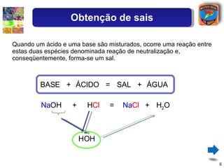 Quando um ácido e uma base são misturados, ocorre uma reação entre estas duas espécies denominada reação de neutralização e, conseqüentemente, forma-se um sal. BASE ÁCIDO SAL ÁGUA + + = Na OH H Cl Na Cl H 2 O + + = H OH Obtenção de sais 