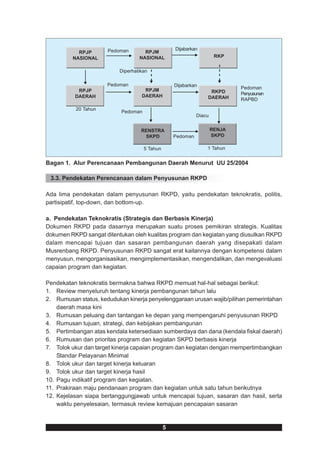 Pedoman                      Dijabarkan
           RPJP                     RPJM
         NASIONAL                 NASIONAL                            RKP


                          Diperhatikan

                      Pedoman                      Dijabarkan
                                    RPJM                                     Pedoman
           RPJP                                                   RKPD
                                   DAERAH                                    Penyusunan
          DAERAH                                                 DAERAH      RAPBD

          20 Tahun
                           Pedoman
                                                             Diacu


                                   RENSTRA                           RENJA
                                    SKPD           Pedoman           SKPD

                                     5 Tahun                     1 Tahun


Bagan 1. Alur Perencanaan Pembangunan Daerah Menurut UU 25/2004

 3.3. Pendekatan Perencanaan dalam Penyusunan RKPD

Ada lima pendekatan dalam penyusunan RKPD, yaitu pendekatan teknokratis, politis,
partisipatif, top-down, dan bottom-up.

a. Pendekatan Teknokratis (Strategis dan Berbasis Kinerja)
Dokumen RKPD pada dasarnya merupakan suatu proses pemikiran strategis. Kualitas
dokumen RKPD sangat ditentukan oleh kualitas program dan kegiatan yang diusulkan RKPD
dalam mencapai tujuan dan sasaran pembangunan daerah yang disepakati dalam
Musrenbang RKPD. Penyusunan RKPD sangat erat kaitannya dengan kompetensi dalam
menyusun, mengorganisasikan, mengimplementasikan, mengendalikan, dan mengevaluasi
capaian program dan kegiatan.

Pendekatan teknokratis bermakna bahwa RKPD memuat hal-hal sebagai berikut:
1. Review menyeluruh tentang kinerja pembangunan tahun lalu
2. Rumusan status, kedudukan kinerja penyelenggaraan urusan wajib/pilihan pemerintahan
    daerah masa kini
3. Rumusan peluang dan tantangan ke depan yang mempengaruhi penyusunan RKPD
4. Rumusan tujuan, strategi, dan kebijakan pembangunan
5. Pertimbangan atas kendala ketersediaan sumberdaya dan dana (kendala fiskal daerah)
6. Rumusan dan prioritas program dan kegiatan SKPD berbasis kinerja
7. Tolok ukur dan target kinerja capaian program dan kegiatan dengan mempertimbangkan
    Standar Pelayanan Minimal
8. Tolok ukur dan target kinerja keluaran
9. Tolok ukur dan target kinerja hasil
10. Pagu indikatif program dan kegiatan.
11. Prakiraan maju pendanaan program dan kegiatan untuk satu tahun berikutnya
12. Kejelasan siapa bertanggungjawab untuk mencapai tujuan, sasaran dan hasil, serta
    waktu penyelesaian, termasuk review kemajuan pencapaian sasaran


                                               5
 
