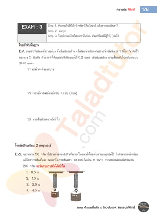 พูดคุย ซักถามเพิ่มเติม >> facebook คลายปมฟิสิกส์
176คลายปม ฟิสิกส์
โจทย์ปรับพื้นฐาน
Ex1. ลวดสปริงอันหนึ่งวางอยู่บนพื้นลื่นปลายด้านหนึ่งติดแน่นกับผนังปลายที่เหลือมีมวล 1 กิโลกรัม ติดไว้
ออกแรง 5 นิวตัน ดึงมวลทาให้ลวดสปริงยืดออกได้ 0.2 เมตร เมื่อปล่อยมือมวลจะสั่นกลับไปกลับมาแบบ
SHM จงหา
1.1 หาค่าคงที่ของสปริง
1.2 เวลาที่มวลเคลื่อนที่ครบ 1 รอบ (คาบ)
1.3 มวลสั่นด้วยความถี่เท่าไร
โจทย์เปรียบเทียบ 2 เหตุการณ์
Ex2. แขวนมวล 50 กรัม ที่ปลายล่างของสปริงซึ่งแขวนในแนวดิ่งโดยที่ปลายบนถูกยึดไว้ ถ้าดึงมวลลงเล็กน้อย
เพื่อให้สปริงสั่นขึ้นลง วัดเวลาในการสั่นครบ 10 รอบ ได้เป็น 5 วินาที หากเปลี่ยนมวลที่แขวนเป็น
200 กรัม จะวัดคาบการสั่นได้เท่าใด
1. 0.5 s
2. 1.0 s
3. 2.0 s
4. 4.0 s
EXAM : 3 Step 1. จับประเด็นให้ได้ว่าโจทย์เขาให้อะไรมา? แล้วเขาถามอะไรเรา?
Step 2. วาดรูป
Step 3. โจทย์ถามอะไรตั้งสมการนั้นก่อน ตัวแปรใดยังไม่รู้ให้( )ติดไว้
 