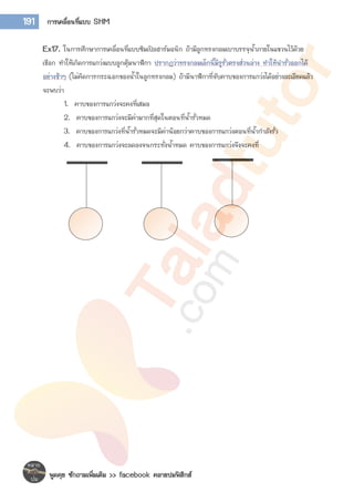 พูดคุย ซักถามเพิ่มเติม >> facebook คลายปมฟิสิกส์
191 การเคลื่อนที่แบบ SHM
Ex17. ในการศึกษาการเคลื่อนที่แบบซิมเปิลฮาร์มอนิก ถ้ามีลูกทรงกลมเบาบรรจุน้าภายในแขวนไว้ด้วย
เชือก ทาให้เกิดการแกว่งแบบลูกตุ้มนาฬิกา ปรากฏว่าทรงกลมเล็กนี้มีรูรั่วตรงส่วนล่าง ทาให้นารั่วออกได้
อย่างช้าๆ (ไม่คิดการกระฉอกของน้าในลูกทรงกลม) ถ้ามีนาฬิกาที่จับคาบของการแกว่งได้อย่างละเอียดแล้ว
จะพบว่า
1. คาบของการแกว่งจะคงที่เสมอ
2. คาบของการแกว่งจะมีค่ามากที่สุดในตอนที่น้ารั่วหมด
3. คาบของการแกว่งที่น้ารั่วหมดจะมีค่าน้อยกว่าคาบของการแกว่งตอนที่น้ากาลังรั่ว
4. คาบของการแกว่งจะลดลงจนกระทั่งน้าหมด คาบของการแกว่งจึงจะคงที่
 