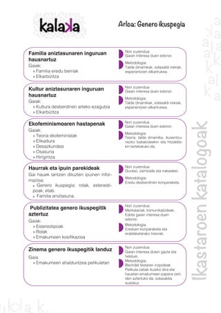 Haurrak eta ipuin parekideak
Gai hauek lantzen dituzten ipuinen infor-
mazioa:
» Genero ikuspegia: rolak, estereoti-
poak, etab.
» Familia aniztasuna.
Nori zuzendua:
Guraso, zaintzaile eta irakasleei.
Metodologia:
Eredu desberdinen konparaketa.
Publizitatea genero ikuspegitik
aztertuz
Gaiak:
» Estereotipoak
» Rolak
» Emakumeen kosifikazioa
Nori zuzendua:
Metodologia:
Ereduen konparaketa eta
eraldaketarako tresnak.
Merkatariak, komunikabideak.
Edota gaian interesa duen
edonor.
Zinema genero ikuspegitik landuz
Gaia:
» Emakumeen ahalduntzea pelikuletan
Nori zuzendua:
Metodologia:
Bechdel testaren irizpideak
Pelikula zatiak ikusiko dira eta
hauetan emakumeen papera zein
den aztertuko da, solasaldia
sustatuz.
Gaian interesa duten gazte eta
helduei.
Familia aniztasunaren inguruan
hausnartuz
Nori zuzendua:
Gaian interesa duen edonor.
Gaian interesa duen edonor.
Metodologia:
Talde dinamikak, solasaldi irekiak,
esperientzien elkartrukea.
Kultur aniztasunaren inguruan
hausnartuz
Gaiak:
» Kultura desberdinen arteko ezagutza
» Elkarbizitza
Gaiak:
» Familia eredu berriak
» Elkarbizitza
Nori zuzendua:
Metodologia:
Talde dinamikak, solasaldi irekiak,
esperientzien elkartrukea.
Ekofeminismoaren hastapenak
Gaiak:
» Teoria ekofeministak
» Elikadura
» Desazkundea
» Osasuna
» Hirigintza
Nori zuzendua:
Gaian interesa duen edonor.
Metodologia:
Arloa: Genero ikuspegia
Teoria, talde dinamika, ikusentzu-
nezko baliabideekin eta hitzaldie-
kin tartekatuko da.
 