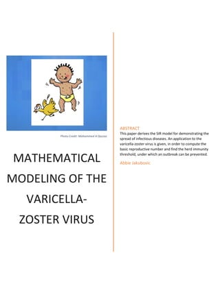 Photo Credit: Mohammed A Qazzaz
MATHEMATICAL
MODELING OF THE
VARICELLA-
ZOSTER VIRUS
ABSTRACT
This paper derives the SIR model for demonstrating the
spread of infectious diseases. An application to the
varicella-zoster virus is given, in order to compute the
basic reproductive number and find the herd immunity
threshold, under which an outbreak can be prevented.
Abbie Jakubovic
 