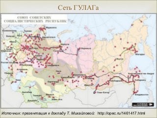 Сеть ГУЛАГа 
 
Источник: презентация к докладу Т. Михайловой: http://opec.ru/1461417.html 
 