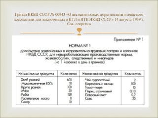 Приказ НКВД СССР № 00943 «О введении новых норм питания и вещевого 
довольствия для заключенных в ИТЛ и ИТК НКВД СССР» 14 августа 1939 г. 
Сов. секретно 
 
 