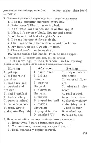 дивитися телевізор; now [пай] — тепер, зараз; then [Sen]
— потім.
3. Прочитай речення і переклади їх на українську мову:
1. I do my morning exercises every day.
2. Pete doesn’t like to make his bed.
3. Ann, wash your hands and take this apple!
4. Nina, it’ s seven o ’clock. Get up and dress!
5. We have breakfast at eight o ’clock.
6. I do my lessons at five o ’clock.
7. She likes to help her mother about the house.
8. My family doesn’t watch TV now.
9. Slava doesn’t like to wash up.
10. Taras washes his hands. Then he has supper.
4. Розкажи своїм однокласникам, що ти робив:
in the morning; in the afternoon; in the evening.
Використай подані нижче слова і словосполучення:
Morning Afternoon Evening
1. got up 1. had dinner 1. helped about
2. did morning 2. did my the house
exercises lessons 2. watered flow ­
3. made my bed 3. went to ers
4. washed and the park 3. clea n ed the
dressed 4. played in room
5. had breakfast the yard 4. read a book
6. took my bag 5. skated 5. wrote a letter
7. went to school 6. played football 6. played with my
8. came to school 7. made a sister (dog, cat)
9. read, wrote snowman 7. had supper
and spoke English 8. played tennis 8. washed up
9. watched TV 9. went to bed
5. Напиши англійською мовою під диктовку вчителя:
1. Йому було 7 років минулого року.
2. Ми ходили до зоопарку минулої неділі.
3. Вона гралася у парку ввечері.
123
 