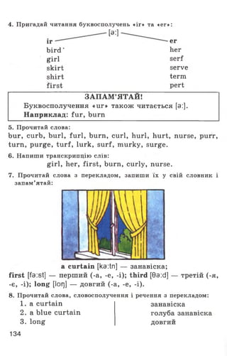 4. Пригадай читання буквосполучень «іг» та «ег»:
[а:]
іг ег
b ird -
girl
skirt
shirt
first
her
serf
serve
term
pert
ЗАПАМ ’ЯТАЙ!
Буквосполучення «иг» також читається [а:].
Наприклад: fur, burn
5. Прочитай слова:
bur, curb, burl, furl, burn, curl, hurl, hurt, nurse, purr,
turn, purge, turf, lurk, surf, murky, surge.
6. Напиши транскрипцію слів:
7. Прочитай слова з перекладом, запиши їх у свій словник і
запам’ятай:
a curtain [ka:tn] — занавіска;
first [fa:st] — перший (-a, -e, -і); third [9a:d] — третій (-я,
-є, -і); long [lorj] — довгий (-a, -e, -і).
8. Прочитай слова, словосполучення і речення з перекладом:
girl, her, first, burn, curly, nurse.
1. a curtain
2. a blue curtain
3. long
занавіска
голуба занавіска
довгии
134
 