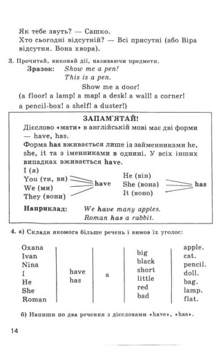 Як тебе звуть? — Сашко.
Хто сьогодні відсутній? — Всі присутні (або Віра
відсутня. Вона хвора).
3. Прочитай, виконай дії, називаючи предмети.
Зразок: Show те a pen!
This is a pen.
Show me a door!
(a floor! a lamp! a map! a desk! a wall! a corner!
a pencil-box! a shelf! a duster!)
ЗАПАМ’ЯТАЙ!
Дієслово «мати» в англійській мові має дві форми
— have, has.
Форма has вживається лише із займенниками he,
she, it та з іменниками в однині. У всіх інших
випадках вживається have.
І (я)
You (ти, ви)
We (ми)
They (вони)
Наприклад:
:have
Не (він)
She (вона)
It (воно)
We have many apples.
Roman has a rabbit.
has
4. а) Склади якомога більше речень і вимов їх уголос:
Охапа
Ivan
Nina
I
Не
She
Roman
big
black
have a
short
has little
red
bad
apple.
cat.
pencil.
doll.
bag.
lamp.
flat.
б) Напиши по два речення з дієсловами «have», «has».
14
 