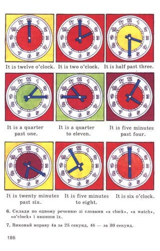 It is twelve o ’clock. It is two o ’clock. It is half past three.
It is a quarter It is a quarter It is five minutes
past one. to eleven. past four.
It is twenty minutes It is five minutes It is six o’clock,
past six. to eight.
6. Склади по одному реченню зі словами «а clock», «а watch»,
«o’clock» і напиши їх.
7. Виконай вправу 4а за 25 секунд, 46 — за ЗО секунд.
186
 