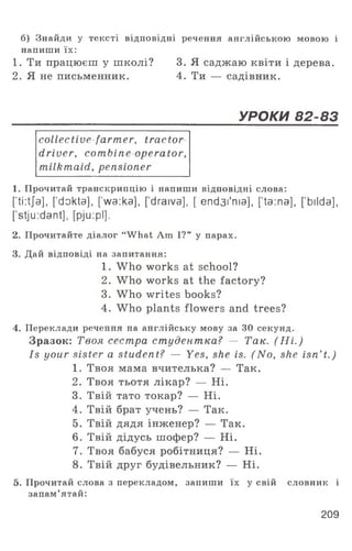 б) Знайди у тексті відповідні речення англійською мовою і
напиши їх:
1. Ти працюєш у школі?3. Я саджаю квіти і дерева.
2. Я не письменник. 4. Ти — садівник.
____________________________________________________ УРОКИ 82-83
collective farmer, tractor
driver, combine operator,
milkmaid, pensioner
1. Прочитай транскрипцію і напиши відповідні слова:
['ti:tja], [’dokta], [wa:ka], [draiva], [ end3i'ma], [ta:na], [’bilda],
[’stju:dant], [pju:pi].
2. Прочитайте діалог “What Am І?” у парах.
3. Дай відповіді на запитання:
1. Who works at school?
2. Who works at the factory?
3. Who writes books?
4. Who plants flowers and trees?
4. Переклади речення на англійську мову за ЗО секунд.
Зразок: Твоя сестра студентка? — Так. (Н і.)
Is your sister a student? — Yes, she is. (No, she isn’ t.)
1. Твоя мама вчителька? — Так.
2. Твоя тьотя лікар? — Ні.
3. Твій тато токар? — Ні.
4. Твій брат учень? — Так.
5. Твій дядя інженер? — Так.
6. Твій дідусь шофер? — Ні.
7. Твоя бабуся робітниця? — Ні.
8. Твій друг будівельник? — Ні.
5. Прочитай слова з перекладом, запиши їх у свій словник і
запам’ятай:
209
 