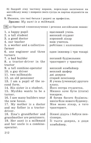 б) Закрий ліву частину вправи, переклади запитання на
англійську мову і попроси свого сусіда за партою відповісти на
них.
9. Напиши, хто твої батьки і родичі за професією.
Зразок: M y aunt is a milkmaid.
Ю.| а) Прочитай словосполучення і речення англійською мовою:
1 . a happy pupil
2. a tall student
3. a good doctor
4. our teacher
5. a worker and a collective-
farmer
6 . one engineer and three
turners
7. a bad builder
8 . a tractor-driver in the
tractor
9. a tall combine-operator
10. a gay driver
1 1 . two milkmaids
1 2 . an old pensioner
13. I am a pupil of the se­
cond form.
14. His sister is a student.
15. Myshko wants to be a
turner.
16.1 saw many builders near
the new house.
17. My mother is a doctor
and my father is a tractor-
driver.
18. Zina’ s grandfather and
grandmother are pensioners.
19. Her aunt is a milkmaid
and her uncle is a combine-
operator.
щасливий учень
високий студент
хороший лікар
наш учитель
робітник і колгоспник
один інженер і три токарі
поганий будівельник
тракторист у тракторі
високий комбайнер
веселий шофер
дві доярки
старий пенсіонер
Я учень (учениця) другого
класу.
Його сестра студентка.
Мишко хоче бути (стати)
токарем.
Я бачив багато будівель­
ників біля нового будинку.
Моя мама лікар, а тато
тракторист.
Зінині дідусь і бабуся пен­
сіонери.
Її тьотя доярка, а дядя
комбайнер.
212
 