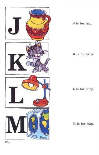 J is for jug.
K is for kitten.
L is for lamp.
M is for map.
250
 