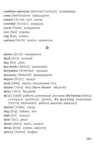 combine-operator [kam'bain'opareita] комбайнер
come [клт] (came) приходити
corner ['ko:na] кут, куток
corridor [’korido:] коридор
cover [ kAva] покривати
cow [kau] корова
cup [клр] чашка
curtain [ ka:tn] завіса, занавіска
D
dance [da:ns] танцювати
dark [da:k] темний
day [del] день
day-book [ deibuk] щоденник
December [di'semba] грудень
decorate [ dekareit] прикрашати
degree [di'gri:] градус
desk [desk] парта, письмовий стіл
dinner [ dina] обід (have dinner обідати)
dirty [’da:ti] брудний
do [du:] (did) робити; допоміжне дієслово (do lessons [lesnz]
го ту в а ти (р о б и ти ) у р о к и ; do morning exercises
['mo:mr) eksasaiziz] робити ранкову зарядку)
doctor [’dokta] лікар
dog [dog] собака, пес
doll [dol] лялька
door [do:] двері
down [daun] вниз, донизу
dress [dres] сукня, одягати
driver [’draiva] шофер
263
 
