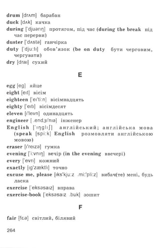 drum [сіглт] барабан
duck [сілк] качка
during [’djuarirj] протягом, під час (during the break під
час перерви)
duster [ dASta] ганчірка
duty [ dju:ti] обов’язок (be on duty бути черговим,
чергувати)
dry [drai] сухий
E
egg [eg] яйце
eight [eit] вісім
eighteen [ ei'ti.n] вісімнадцять
eighty [ eiti] вісімдесят
eleven [1'levn] одинадцять
engineer [ ,end3i'nia] інженер
English [’ irjg liJ] а н г л ій с ь к и й ; а н г л ій с ь к а мова
(speak [sp і:k] English розм овляти а н гл ій с ь к о ю
мовою)
eraser [I'reiza] гумка
evening [ i:vmr]] вечір (in the evening ввечері)
every [evri] кож ний
exactly [ig'zaektli] точно
excuse me, please [iks'kju:z ,mi:'pli:z] вибач(те) мені, будь
ласка
exercise [’eksasaiz] вправа
exercise-book ['eksasaiz .buk] зошит
F
fair [fea] світлий, білявий
264
 