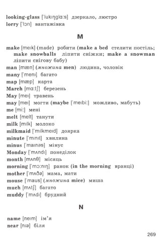 looking-glass [ lukir)gla:s] дзеркало, люстро
lorry [ Ion] вантажівка
м
make [meik] (made) робити (make a bed стелити постіль;
make snowballs л іп и ти с н іж к и ; make a snowman
ліпити снігову бабу)
man [maen] (множина men) людина, чоловік
many [’mem] багато
map [maep] карта
March [ma:tj] березень
May [mei] травень
may [mei] могти (maybe ['meibi:] можливо, мабуть)
me [mi:] мені
melt [melt] танути
milk [milk] молоко
milkmaid ['milkmeid] доярка
minute ['mimt] хвилина
minus [’mamas] мінус
Monday ['mAndi] понеділок
month [тлп0] місяць
morning ['то:піГ)] ранок (in the morning вранці)
mother [’тлба] мама, мати
mouse [’mails] (множина mice) миша
much [mAtJ] багато
muddy ['mAdi] брудний
N
name [neim] ім ’я
near [та] біля
269
 