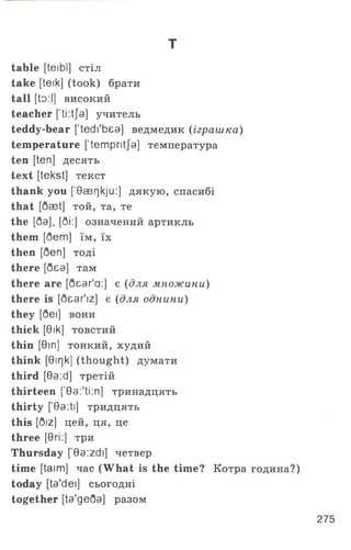 т
table [teibl] стіл
take [teik] (took) брати
tall [to:І] високий
teacher [ti:tja] учитель
teddy-bear [’tedi'bea] ведмедик (іграшка)
temperature [’tempritja] температура
ten [ten] десять
text [tekst] текст
thank you [ Baerjkju:] дякую, спасибі
that [6aet] той, та, те
the [ба], [5i:] означений артикль
them [бет] їм, їх
then [беп] тоді
there [без] там
there are [бєаг'а:] є (для множини)
there is [6ear'iz] є (для однини)
they [беї] вони
thick [вік] товстий
thin [віп] тонкий, худий
think [віг)к] (thought) думати
third [0a:d] третій
thirteen ['0a:'ti:n] тринадцять
thirty [ 0a:ti] тридцять
this [6iz] цей, ця, це
three [вгі:] три
Thursday [’0a:zdi] четвер
time [taim] час (What is the time? Котра година?)
today [ta'dei] сьогодні
together [ta'ge6a] разом
275
 