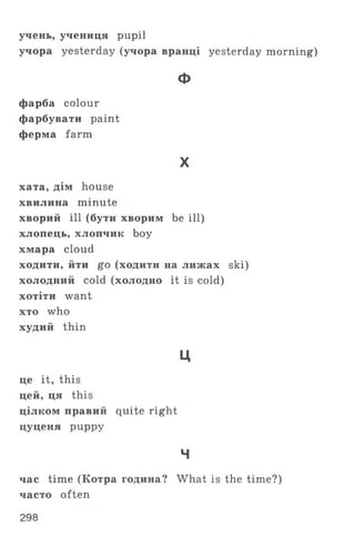 учень, учениця pupil
учора yesterday (учора вранці yesterday morning)
Ф
фарба colour
фарбувати paint
ферма farm
X
хата, дім house
хвилина minute
хворий ill (бути хворим be ill)
хлопець, хлопчик boy
хмара cloud
ходити, йти go (ходити на лижах ski)
холодний cold (холодно it is cold)
хотіти want
хто who
худий thin
ц
це it, this
цей, ця this
цілком правий quite right
цуценя puppy
н
час time (Котра година? What is the time?)
часто often
298
 