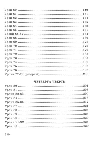 Урок 60 ....................................................................................... 149
Урок 61 ........................................................................................151
Урок 62 ....................................................................................... 154
Урок 63 ....................................................................................... 155
Урок 64 ....................................................................................... 158
Урок 65 ....................................................................................... 161
Уроки 66-67 ...............................................................................164
Урок 68 ....................................................................................... 169
Урок 69 ....................................................................................... 172
Урок 70 ....................................................................................... 176
Урок 71 ....................................................................................... 179
Урок 72 ....................................................................................... 183
Уррк 73 ....................................................................................... 187
Урок 74 ....................................................................................... 190
Урок 75 ....................................................................................... 193
Урок 76 ....................................................................................... 196
Уроки 77-79 (резервні)..........................................................200
ЧЕТВЕРТА ЧВЕРТЬ
Урок 80 ....................................................................................... 201
Урок 81 .......................................................................................205
Уроки 82-83 .............................................................................. 209
Урок 84 .......................................................................................213
Уроки 85-86 .............................................................................. 217
Урок 87 .......................................................................................221
Урок 88 .......................................................................................225
Урок 89 .......................................................................................228
Урок 90 .......................................................................................230
Уроки 91-92 .............................................................................. 234
Урок 93 .......................................................................................239
310
 