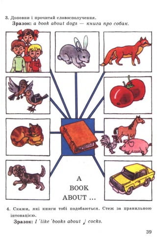 3. Доповни і прочитай словосполучення.
Зразок: a book about dogs — книга про собак.
4. Скажи, які книги тобі подобаються. Стеж за правильною
інтонацією.
Зразок: I 'like 'books about J cocks.
39
 