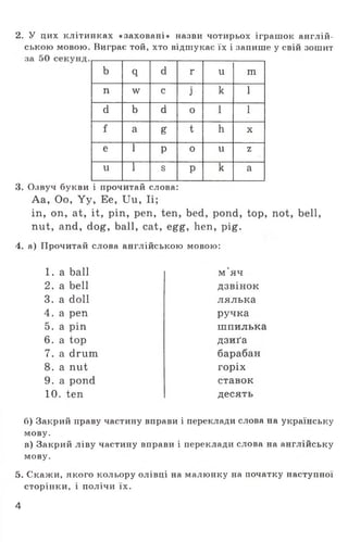 2. У цих клітинках «заховані» назви чотирьох іграшок англій­
ською мовою. Виграє той, хто відшукає їх і запише у свій зошит
ь q d r u m
п w с j k 1
d b d о 1 1
f a g t h X
е 1 P 0 u z
U 1 s p k a
3. Озвуч букви і прочитай слова:
Аа, Оо, Yy, Ее, Uu, Іі;
in, on, at, it, pin, pen, ten, bed, pond, top, not, bell,
nut, and, dog, ball, cat, egg, hen, pig.
4. а) Прочитай слова англійською мовою:
1 . a ball
2. a bell
3. a doll
4. a pen
5. а ріп
6. a top
7. a drum
8. a nut
9. a pond
10. ten
м ’яч
дзвінок
лялька
ручка
шпилька
дзиґа
барабан
горіх
ставок
десять
б) Закрий праву частину вправи і переклади слова на українську
мову.
в) Закрий ліву частину вправи і переклади слова на англійську
мову.
5. Скажи, якого кольору олівці на малюнку на початку наступної
сторінки, і полічи їх.
4
 