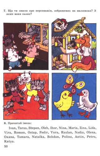 7. Що ти знаєш про персонажів, зображених на малюнках? З
яких вони казок?
8. Прочитай імена:
Ivan, Taras, Stepan, Oleh, Ihor, Nina, Maria, Zina, Lida,
Vira, Roman, Ostap, Fedir, Yura, Ruslan, Nadia, Olena,
Oxana, Tamara, Natalka, Bohdan, Polina, Antin, Petro,
Katya.
 