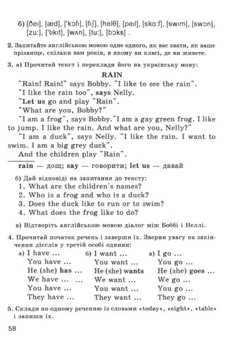 б) [беї], [aed], ['kofi], [fij], [hel0], [peil], [ska:f], [swim], [swon],
[zu:j, [’tikit], [wad], [tu:], [boks] .
2. Запитайте англійською мовою одне одного, як вас звати, як ваше
прізвище, скільки вам років, в якому ви класі, де ви живете.
3. а) Прочитай текст і переклади його на українську мову:
RAIN
"Rain! Rain!" says Bobby. "I like to see the rain".
"I like the rain too", says Nelly.
"Let us go and play "Rain".
"W hat are you, Bobby?"
"I am a frog", says Bobby."I am a gay green frog. I like
to jump. I like the rain. And what are you, Nelly?"
"I am a duck", says Nelly. "I like the rain. I want to
swim. I am a big grey duck".
And the children play "Rain".
rain — дощ; say — говорити; let us — давай
б) Дай відповіді на запитання до тексту:
1. What are the children's names?
2. W ho is a frog and who is a duck?
3. Does the duck like to run or to swim?
4. What does the frog like to do?
в) Відтворіть англійською мовою діалог між Боббі і Неллі.
4. Прочитай початок речень і заверши їх. Зверни увагу на закін­
чення дієслів у третій особі однини:
а) I have ... б) I want ... в) I go ...
You have ... You want ... You go ...
He (she) has ... He (she) wants He (she) goes ...
We h a v e ........... We want ... We go ...
You have ... You want ... You go ...
They have ... They want ... They go ...
5. Склади по одному реченню із словами «today», «eight», «table»
і запиши їх.
58
 