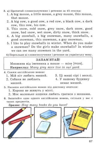 3. а) Прочитай словосполучення і речення за 45 секунд:
1. A big mouse, a little mouse, a grey mouse, this mouse,
that mouse.
2. A big cow, a good cow, a red cow, a black cow, a dark
cow, this cow, his cow.
3. This snow, cold snow, grey snow, dark snow, good
snow, bad snow, wet snow, dirty snow, thick snow.
4. A big snowball, a big snowman, many snowballs, a
good snowman, this snowman, a gay snowman.
5. I like to play snowballs in winter. When do you make
a snowman? Do the girls make snowballs? In winter
we can see many snowmen in the yard.
б) Переклади ці словосполучення і речення на українську мову.
ЗАПАМ'ЯТАЙ!
Множина від іменника a mouse — mice [mais].
Наприклад: Many grey mice live in our yard.
4. Скажи англійською мовою:
1. Мій кіт любить мишей. 3. Ці миші сірі і веселі.
2. Собаки не люблять 4. У нашому будинку
мишей. немає мишей.
5. Напиши англійською мовою під диктовку вчителя:
1. Корови не живуть у місті.
2. Моє маленьке кошеня любить гратися з мишами.
6. Запитайте одне одного англійською мовою, скільки у вас є
таких предметів.
67
 