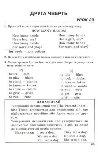 ДРУГА ЧВЕРТЬ
УРОК 29
1. Прочитай вірш і переклади його на українську мову:
HOW MANY HANDS?
How many hands How many hands
Has a boy, say? Has a girl, say?
How many hands How many hands
For work and play? For work and play?
for work — для роботи
2. Передайте англійською мовою розмову вчителя і чергового.
3. Хором прочитайте знайомі вам дієслова. Зверніть увагу на ви­
мову закінчення -s:
М [S]
to see — sees to like — likes
to play — plays to look — looks
to stand — stands to take — takes
to know — knows to want — wants
to come — comes to put — puts
to give — gives to get — gets
to run — runs to sit — sits
ЗАПАМ'ЯТАЙ!
Теперішній неозначений час (The Present Indefi­
nite Tense) вживається для вираження дій, що
відбуваються постійно або йдуть одна за дру­
гою.
Теперішній неозначений час утворюється за
допомогою додавання закінчень -s або -es лише
до дієслів третьої особи однини.
Наприклад: I see a dog. They see a dog.
We see a dog. He sees a dog.
You see a dog. She sees a dog.
69
 