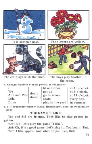 It is summer now. The flowers are yellow.
The cat plays with the mice. The boys play football in
the room.
4. Склади якомога більше речень за таблицею:
І
We
Ann and Pete
Lida
Dima
don't
doesn’t
at 10 o'clock,
at 5 o'clock,
at 11 o'clock,
every day.
in summer,
на українську
have dinner
get up
go to school
skate
play in the yard
5. а) Прочитайте текст у парах. Перекладіть його
мову:
THE GAME "I LIKE"
Ted and Sid are friends. They like to play games to­
gether.
Ted: Sid, let's play the game "I like".
Sid: Oh, it’s a good game. Let's play it. You begin, Ted.
Ted: I like apples. And what do you like, Sid?
79
 