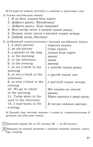 б) Склади по одному реченню з кожним із виділених слів.
5. Скажи англійською мовою:
1. Я не бачу указки біля карти.
2. Доброго ранку, Михайлику!
— Доброго ранку, Ніно Іванівно!
3. Моя сестра встає о сьомій годині ранку.
4. Петрик лягає спати о восьмій годині вечора.
5. Добрий вечір, Костику!
6. а) Прочитай словосполучення і речення англійською мовою:
1. a short pointer
2. an old pointer
3. a pointer at the map
4. in the morning
5. in the afternoon
6. in the evening
7. at six o ’clock in the
morning
8. at two o ’clock in the
afternoon
9. at nine o ’clock in the
evening
10. We go to school
in the morning.
11. Yurko plays in the
yard in the afternoon.
12.1 read books in the
evening.
коротка указка
стара указка
указка біля карти
вранці
вдень
ввечері
о шостій годині ранку
о другій годині дня
о дев’ятій годині вечора
Ми ходимо до школи
вранці.
Юрко грається у дворі вдень.
Я читаю книжки ввечері.
б) Закрий ліву частину вправи і скажи ці словосполучення й
речення англійською мовою.
[^Виконай вправу 6а за 25 секунд; 66 — за ЗО секунд.
І8.1Напиши по одному реченню з такими словами: pointer, morn­
ing, evening.
91
 