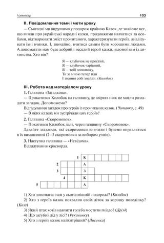 І семестр 103
II. Повідомлення теми і мети уроку
— Сьогодні ми вирушимо у подорож країною Казок, де знайоме все,
що вчили про українські народні казки, продовжимо навчатися за осо-
бами, відтворювати зміст прочитаного, характеризувати героїв, аналізу-
вати їхні вчинки. І, звичайно, вчитися самим бути хорошими людьми.
А допомагати нам буде добрий і веселий герой казки, відомої вам із ди-
тинства. Хто він?
Я — клубочок не простий,
Я — клубочок чарівний,
Я — тобі допоможу,
Ти за мною тепер йди
І знання собі знайди. (Колобок)
III. Робота над матеріалом уроку
1. Галявина «Загадкова».
— Прикотився Колобок на галявину, де звірята ніяк не могли розга-
дати загадок. Допоможемо?
Відгадування загадок про героїв із прочитаних казок. (Читанка, с. 49)
— В яких казках ми зустрічали цих героїв?
2. Галявина «Скоромовок».
— Покотився Колобок далі, через галявину «Скоромовок».
Давайте згадаємо, які скоромовки вивчили і будемо вправлятися
в їх вимовлянні (2–3 скоромовки за вибором учнів).
3. Наступна галявина — «Невідома».
Відгадування кросворда.
1 К
2 А
3 З
4 К
5 А
1) Хто допомагає нам у сьогоднішній подорожі? (Колобок)
2) Хто з героїв казок похвалив своїх діток за хорошу поведінку?
(Коза)
3) Який птах хотів навчити голуба мостити гніздо? (Дрізд)
4) Що загубив дід у лісі? (Рукавичку)
5) Хто з героїв казок найхитріший? (Лисичка)
 