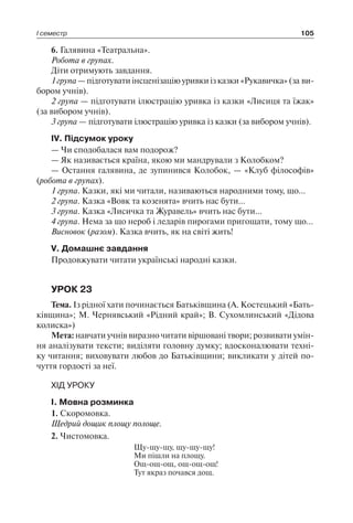 І семестр 105
6. Галявина «Театральна».
Робота в групах.
Діти отримують завдання.
1 група — підготувати інсценізацію уривки із казки «Рукавичка» (за ви-
бором учнів).
2 група — підготувати ілюстрацію уривка із казки «Лисиця та їжак»
(за вибором учнів).
3 група — підготувати ілюстрацію уривка із казки (за вибором учнів).
IV. Підсумок уроку
— Чи сподобалася вам подорож?
— Як називається країна, якою ми мандрували з Колобком?
— Остання галявина, де зупинився Колобок, — «Клуб філософів»
(робота в групах).
1 група. Казки, які ми читали, називаються народними тому, що…
2 група. Казка «Вовк та козенята» вчить нас бути…
3 група. Казка «Лисичка та Журавель» вчить нас бути…
4 група. Нема за що нероб і ледарів пирогами пригощати, тому що…
Висновок (разом). Казка вчить, як на світі жить!
V. Домашнє завдання
Продовжувати читати українські народні казки.
УРОК 23
Тема. Із рідної хати починається Батьківщина (А. Костецький «Бать-
ківщина»; М. Чернявський «Рідний край»; В. Сухомлинський «Дідова
колиска»)
Мета: навчати учнів виразно читати віршовані твори; розвивати умін-
ня аналізувати тексти; виділяти головну думку; вдосконалювати техні-
ку читання; виховувати любов до Батьківщини; викликати у дітей по-
чуття гордості за неї.
ХІД УРОКУ
I. Мовна розминка
1. Скоромовка.
Щедрий дощик площу полоще.
2. Чистомовка.
Щу-щу-щу, щу-щу-щу!
Ми пішли на площу.
Ощ-ощ-ощ, ощ-ощ-ощ!
Тут якраз почався дощ.
 
