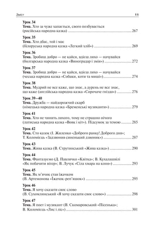 Зміст 11
Урок 34
Тема. Хто за чуже хапається, свого позбувається
(російська народна казка) ..............................................................267
Урок 35
Тема. Хто дбає, той і має
(білоруська народна казка «Легкий хліб»).....................................269
Урок 36
Тема. Зробиш добро — не кайся, вдієш лихо — начувайся
(болгарська народна казка «Виноградар і змія»)...........................272
Урок 37
Тема. Зробиш добро — не кайся, вдієш лихо — начувайся
(чеська народна казка «Собаки, коти та миші»)............................274
Урок 38
Тема. Мудрий не все каже, що знає, а дурень не все знає,
що каже (англійська народна казка «Сорочаче гніздо»)...............276
Урок 39–40
Тема. Дружба — найдорожчий скарб
(німецька народна казка «Бременські музиканти»)......................279
Урок 41
Тема. Хто не чинить лихого, тому не страшно нічого
(латиська народна казка «Вовк і кіт»). Підсумок за темою...........285
Урок 42
Тема. Сто казок (І. Жиленко «Доброго ранку! Доброго дня»;
Т. Коломієць «Задзвонив синенький дзвоник»)............................287
Урок 43
Тема. Жива казка (В. Струтинський «Жива казка»)......................290
Урок 44
Тема. Фантазуємо (Д. Павличко «Квітка»; В. Кухалашвілі
«Як побачити вітер»; В. Лучук «Сіла хмара на коня»)...................293
Урок 45
Тема. Як м’ячик став їжачком
(В. Артемонова «Їжачок-реп’яшок»).............................................295
Урок 46
Тема. Я хочу сказати своє слово
(В. Сухомлинський «Я хочу сказати своє слово»).........................298
Урок 47
Тема. Я поет і музикант (В. Скомаровський «Пісенька»;
В. Коломієць «Лис і ліс»)................................................................301
 