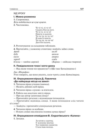 І семестр 127
ХІД УРОКУ
I. Мовна розминка
1. Скоромовка.
Всім подобається це куце цуценя.
2. Чистомовка.
Чі-чі-чі, чі-чі-чі!
Сидить Оля на печі.
Чі-чі-чі, чі-чі-чі!
Напечу я калачів.
Чу-чу-чу, чу-чу-чу!
Я сама їх напечу.
Ча-ча-ча, ча-ча-ча!
Далі Олі калача.
3. Розчитування за складовою таблицею.
4. Прочитайте, у кожному стовпчику знайдіть зайве слово.
Аревб	 акліб
дубу	 цясили
насос	 аворко
зарееб	 кжїа
(Сосна — хвойне дерево)	 (Корова — свійська тварина)
II. Повідомлення теми і мети уроку
— Над якою темою ми працюємо? («Що таке Батьківщина»)
Гра «Мікрофон»
Учні говорять, що вони уявлять, коли чують слово Батьківщина.
III. Опрацювання вірша Д. Павличка
«Де найкраще місце на землі»
1. Читання вірша учнями (мовчки).
— Назвіть дійових осіб вірша.
2. Читання вірша «луною» за вчителем.
3. Робота над аналізом змісту вірша.
— Про що автор запитував сонце?
— Прочитайте речення з відповідною інтонацією.
— Прочитайте відповідь сонця. З якою інтонацією слід читати
ці слова?
— Знайдіть і прочитайте спонукальне речення.
4. Читання вірша за особами.
— В яких словах висловлена головна думка вірша?
IV. Опрацювання оповідання В. Скуратівського «Калина»
1. Загадка.
За хатою у садочку,
У зеленому віночку
Та в червоних намистах
Стала пава молода.
 