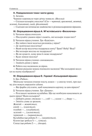 ІІ семестр 191
ІІ. Повідомлення теми і мети уроку
1. Загадка.
Червоне коромисло через річку повисло. (Веселка)
— Скільки кольорів у веселки? (Сім — червоний, оранжевий, жовтий,
зелений, блакитний, синій, фіолетовий)
— Сьогодні ми починаємо знайомство із різнокольоровими віршами.
ІІІ. Опрацювання вірша А. М’ястківського «Веселочка»
1. Читання вірша вчителем.
— Послухайте уважно вірш і скажіть, які кольори згадав поет?
2. Читання вірша учнями. Гра «Бджілки».
— Від чийого імені ведеться розповідь у вірші?
— Де засвітилася веселочка?
— Який колір веселочка подарувала житу? Траві? Небу? Воді?
— Які кольори веселка не подарувала?
— Як ви думаєте, кому вона їх може подарувати?
— Куди зникне веселка?
3. Читання вірша учнями «ланцюжком».
— Знайдіть рими у вірші.
4. Робота над малюнком до вірша.
— Якими рядками можна підписати малюнок? Які кольорові весел-
ки на ньому відображені?
ІV. Опрацювання вірша Є. Горевої «Кольоровий віршик»
1. Гра «Рибки».
Мовчазне читання учнями тексту, кожен — у своєму темпі, при цьо-
му діти можуть ворушити губами.
— Які фарби слід взяти, щоб намалювати картину за цим віршем?
2. Читання вірша учнями. Гра «Дощик».
— Розгляньте малюнок кульбабки. Що ще необхідно намалювати до
цього вірша? Яким кольором?
— Доберіть рими: стежини —…; собі —…; колом —…; двору —…
— Змініть слова за зразком.
Жовтий — жовтіється;
синій —… (синіється);
голубий —… (голубиться);
зелений —… (зеленіється);
червоний —… (червоніється).
Кульбабка (що робить?) —… (жовтіється).
Клени (що зробили?) —… (стали).
Сонце (що робить?) —… (догора).
 